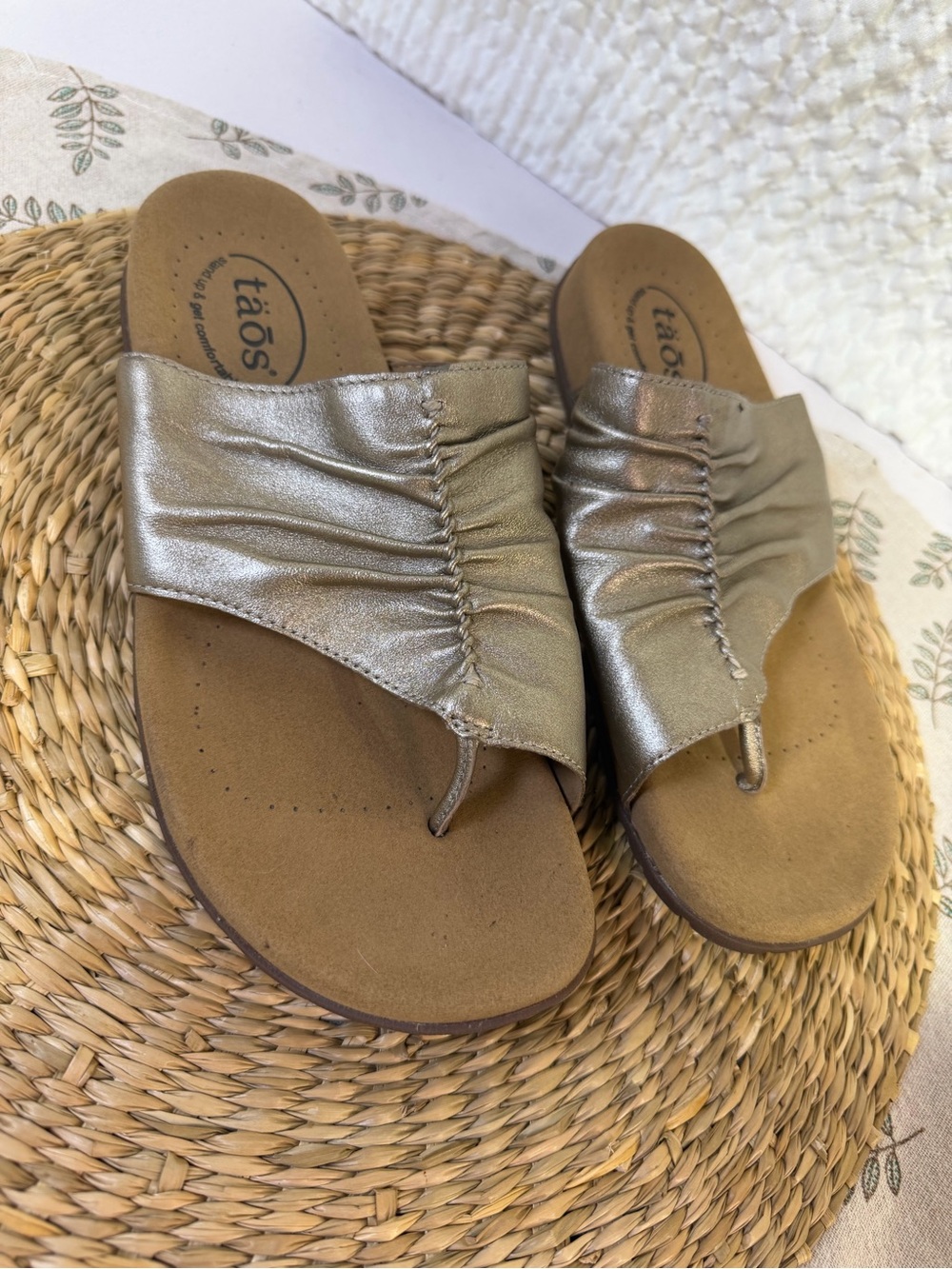 Taos Footwear Metallic Gold Ruched Thong Sandals